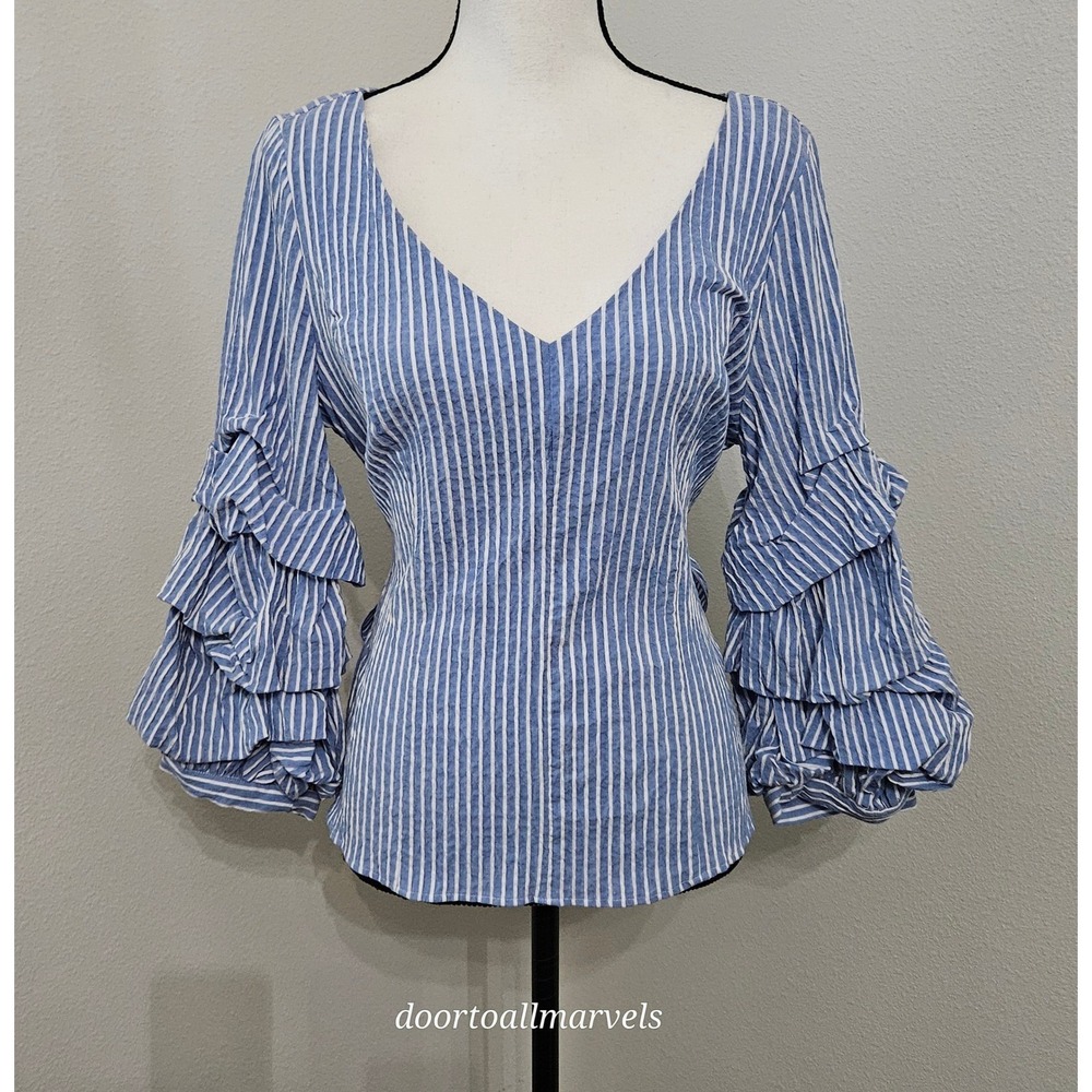 WHBM Seersucker Blouse Statement Ruffle Sleeve Smocked Waist Coastal sz 12 NWT - Picture 3 of 16